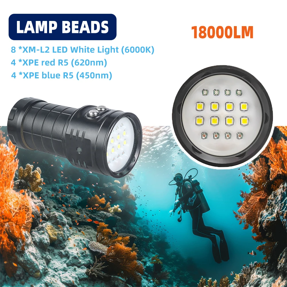 LED Diving Light 18000Lumens , Flashlight Underwater 100m Waterproof Tactical Torch FOR Camera Video Fill Light