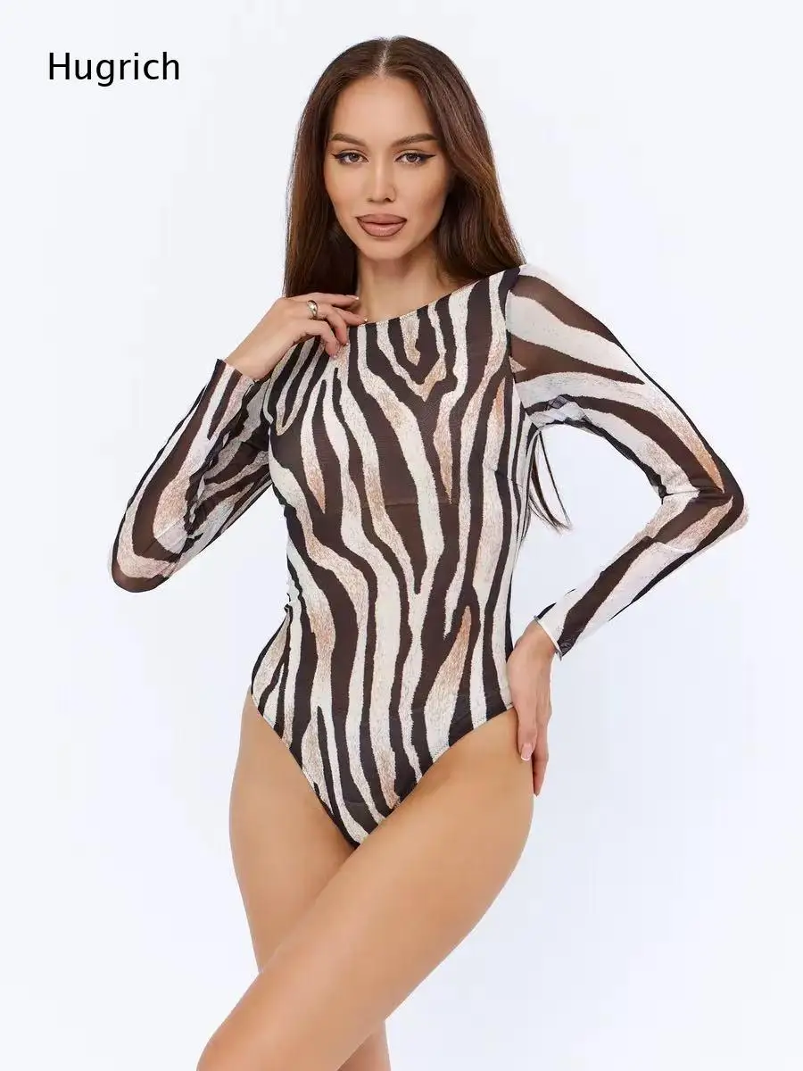 Full Sleeve Printed Swimwear Back Cutout Self Tie Back Detail High Leg Tight Fitting Beach One Piece Bathing Suit