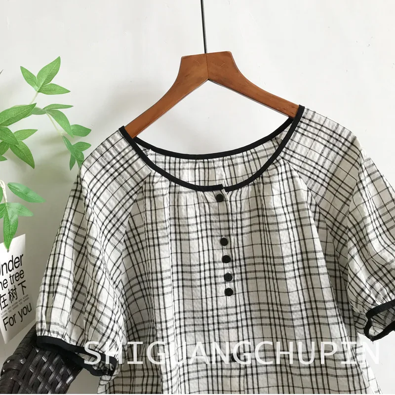 Japanese Mori Girl Vintage Plaid Single Breasted Shirts Women Summer O-Neck Short Sleeve Casual Loose Blouse Tops