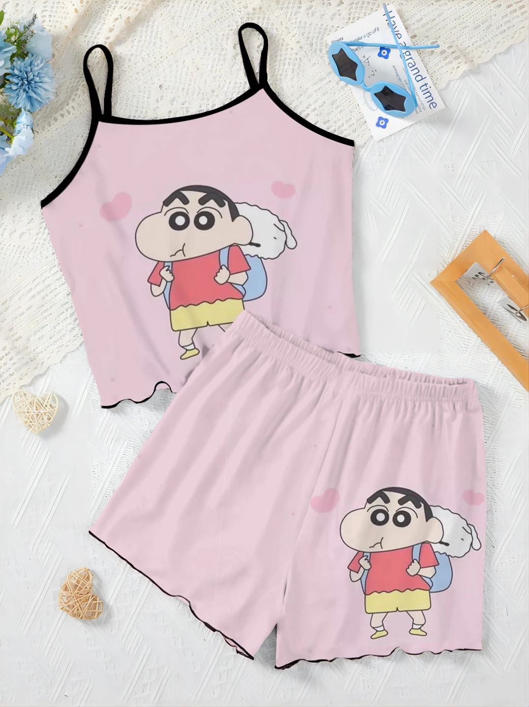 Pajama Skirt Crayon Shin-chan Women\'s Suit Top Slip Dress Short Sets Lettuce Trim Satin Surface T-shirt Pieces Elegant Home Top