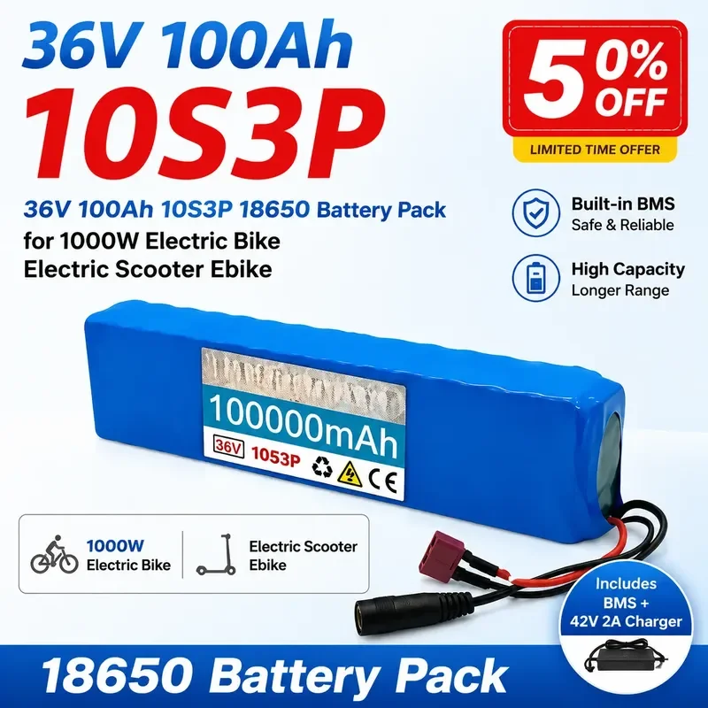

36V 100Ah 10S3P 18650 Battery Pack for 1000W Electric Bike Electric Scooter Ebike Rechargeable Power Battery BMS+42V2A Charger