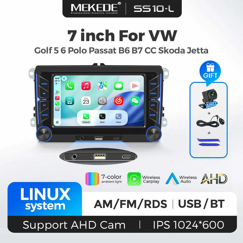 Autoradio Mekede 7 pouces avec Carplay sans fil et Android Auto pour Volkswagen, VW Golf, Passat, Jetta, Polo, Skoda, Seat, système de voiture intelligent, autoradio stéréo, caméra AHD et micro offerts, livraison en UE