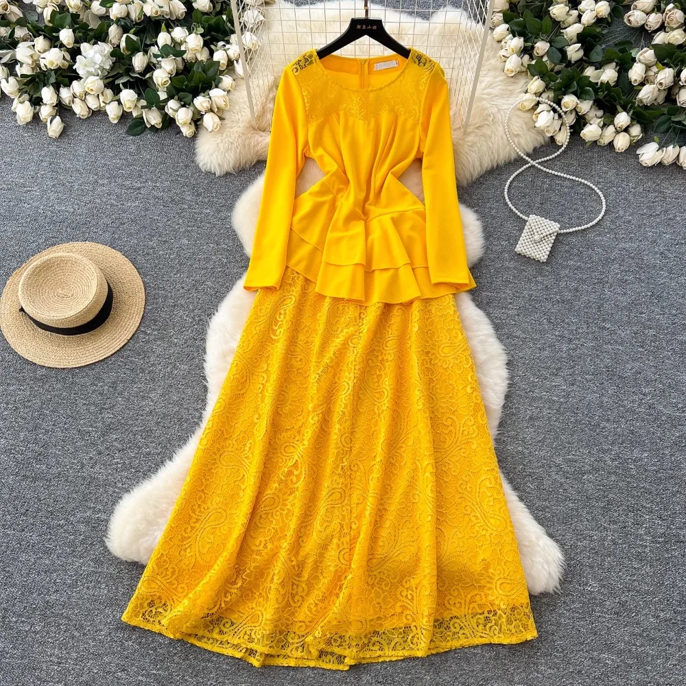 Elegant Long Sleeves O-neck Hollow Out Hook Flower Lace Spliced Slim Long Dresses Evening High Street Autumn Plus Size Clothing