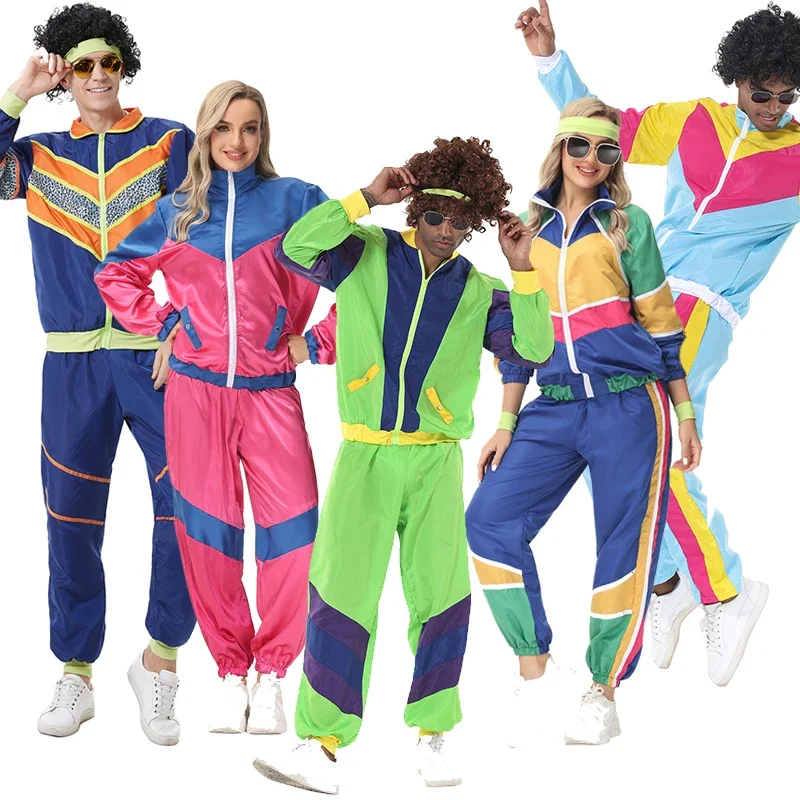 

Unisex Couple 60s 70s 80s Tracksuit Costume for Men Women Shell Suit Sport Halloween Outfit 2024 Carnival Cosplay