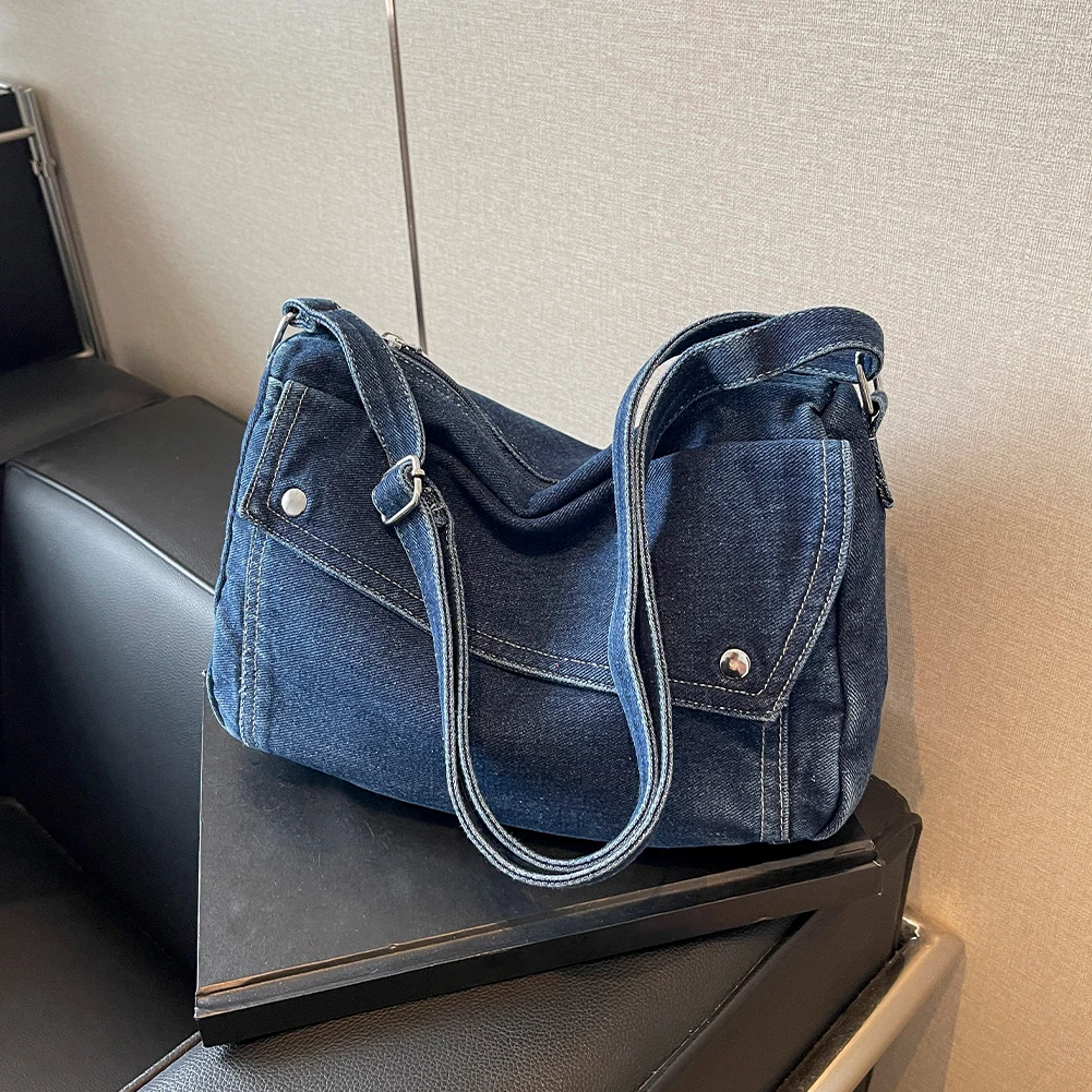 حقيبة كتف من قماش الدنيم كاجوال ريترو للنساء حقيبة ساعي البريد خفيفة الوزن مع حزام قابل للتعديل حقيبة يد جمالية عبر الجسم