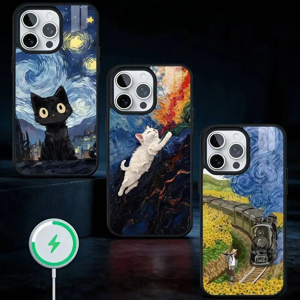 

V-Van Gogh Starry Night Sunflower Cat Phone Case For iPhone17,16,15,14,13 Plus,Pro Max Magnetic For Magsafe Wireless Charging