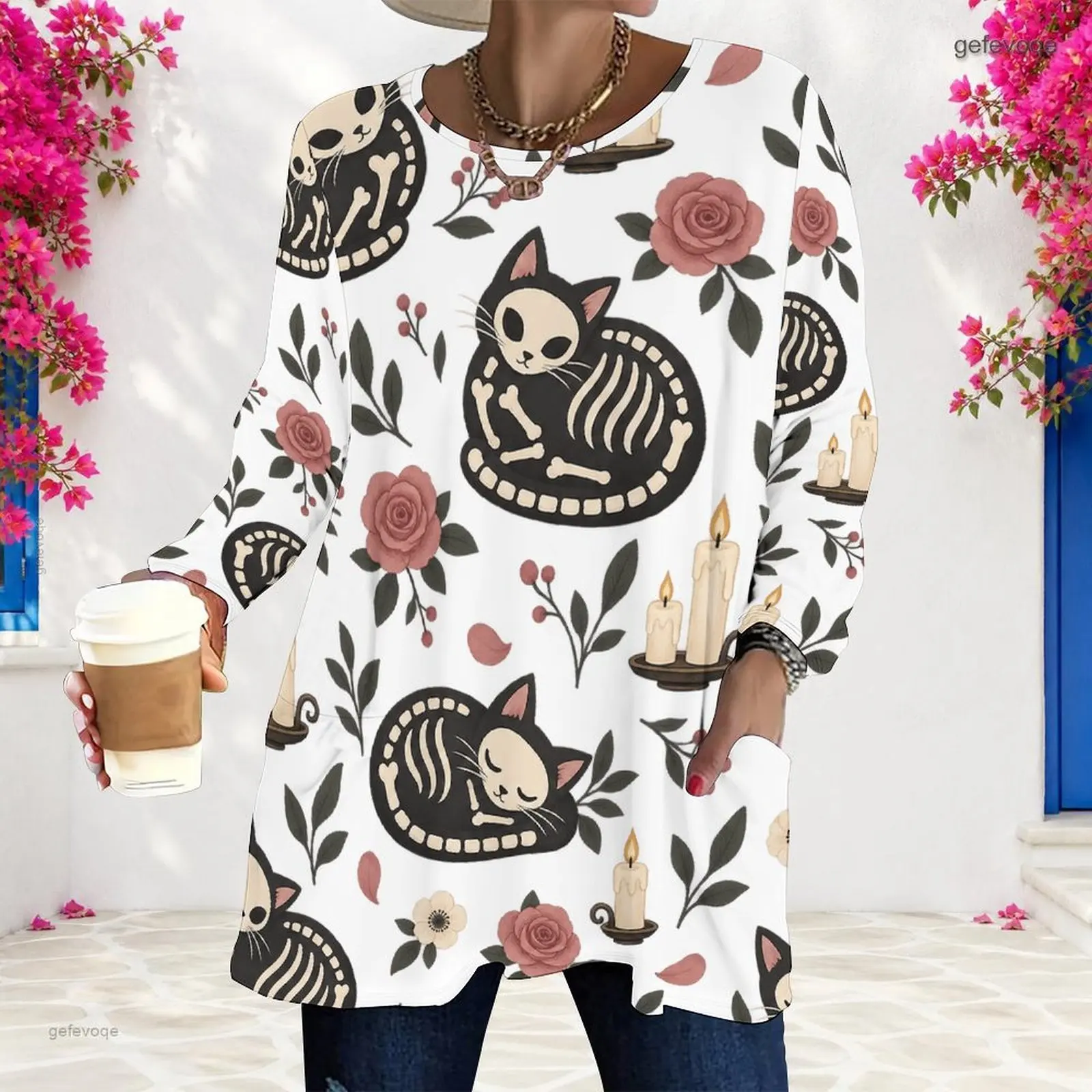 Women White Printed Long Sleeve Top with Raven Rose Crescent Moon Candlestick Pattern Round Neck Loose Fit with Front Pockets
