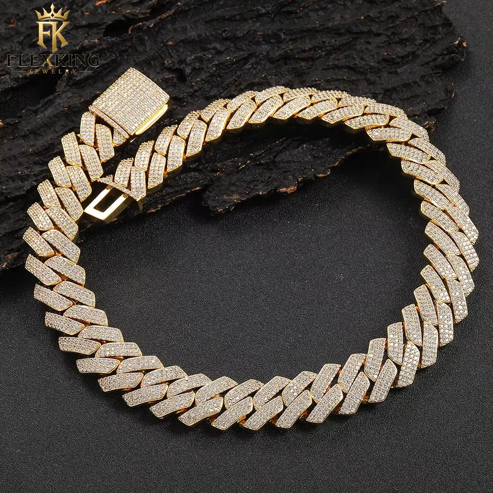 FLEXKING 20MM 3 Rows Iced Out Cuban Chain Bracelet Brass Zircon 18K Gold Plated Miami Necklace Hip Hop Men  Jewelry Wholesale