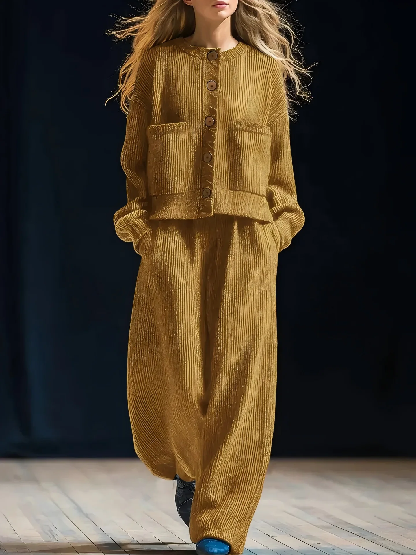 

Casual Loose Knitted Long Sleeve round Neck Open Cardigan for Women Spring Autumn Pure Color Wide Leg Pants with Elastic Wais...