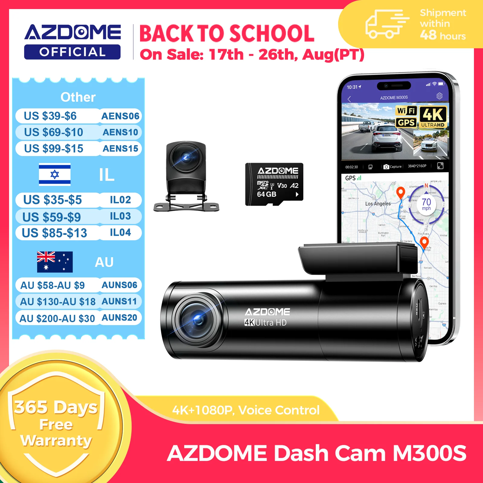 AZDOME M300S 대시캠 4K+1080P 차량 후방 카메라 대시캠 800MP 렌즈 내장 GPS WIFI 차량 DVR 음성 제어 야간 시야 후방카메라