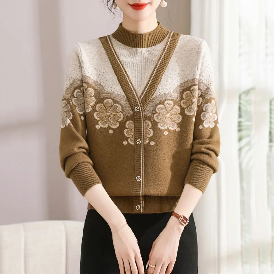 Pulls à fleurs épissés pour femmes, pulls décontractés, col mi-haut, manches longues, pulls avec diamants, vêtements à la mode, automne et hiver, nouveau