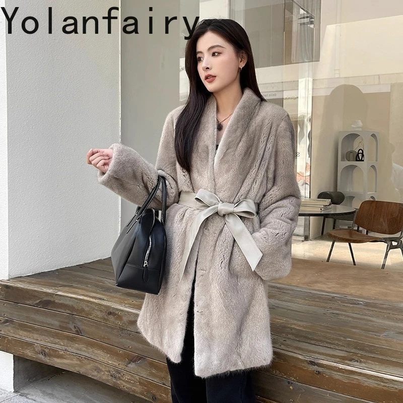 YOLANFAIRY ماركة كاملة سترات من فرو المنك للنساء الخريف الشتاء الفاخرة 2025 معطف الفرو الطبيعي امرأة منتصف طول معاطف الفرو Casaco