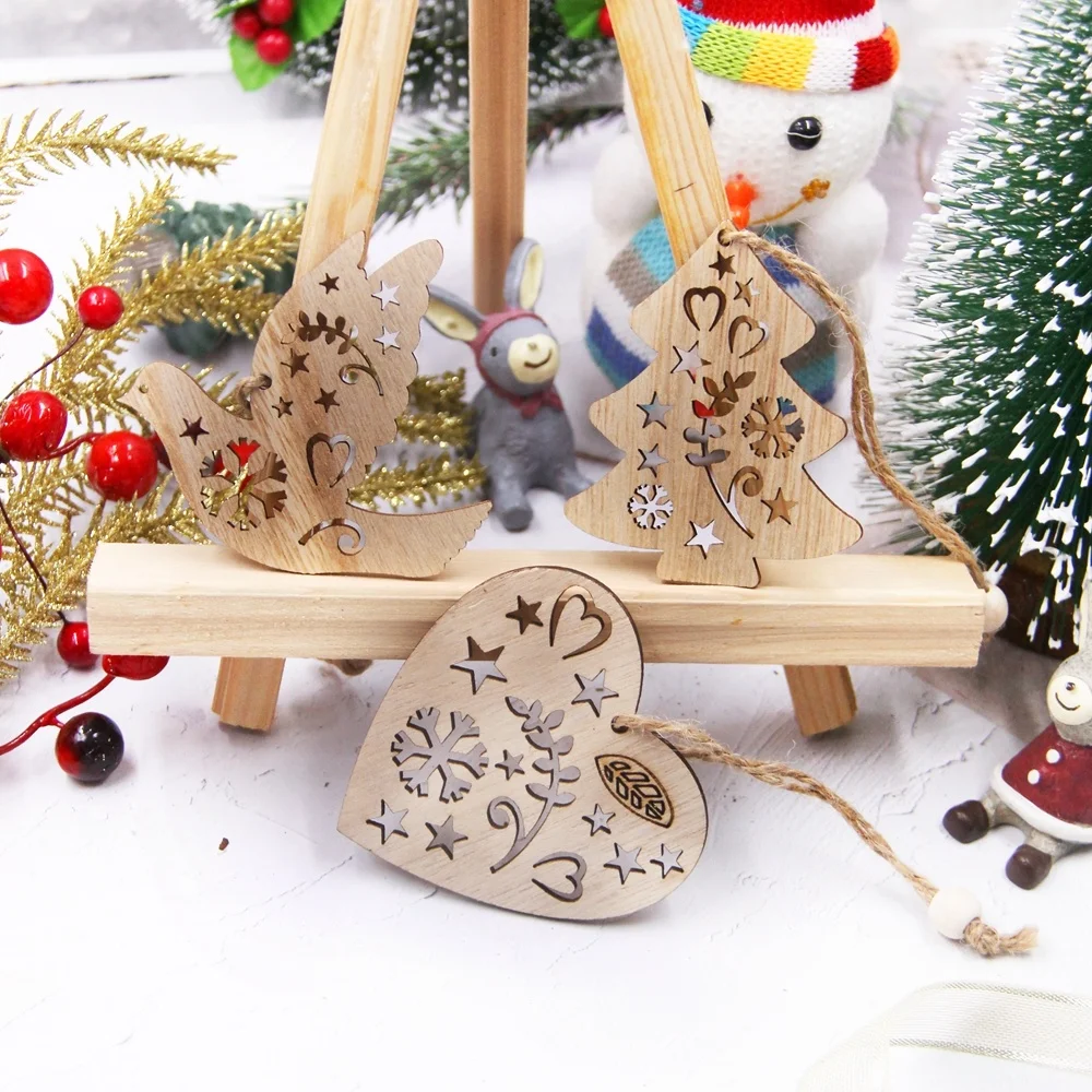 12PCS/Box Wooden Christmas Pendants Hollow Tree/Star/Angel Hanging Ornaments for Xmas Tree Decorations Kids DIY Painting Crafts