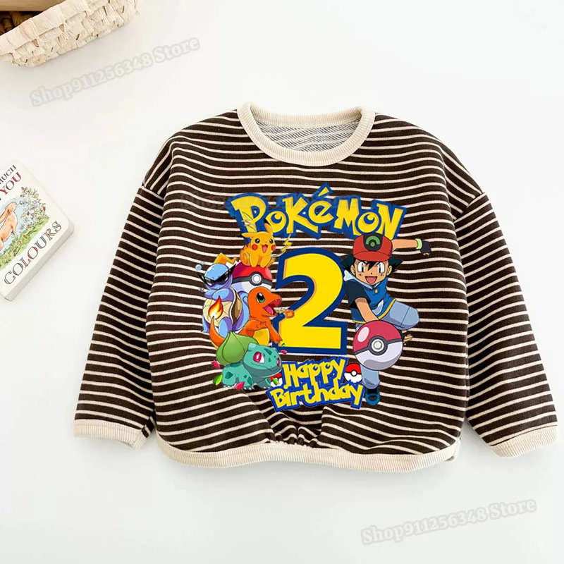 Pokemons Number Striped Tops for Kids Kawaii Anime Figure 1 2 3 4 5 6 7 8 Waffle Long Sleeved Shirts Toddler Boys Girls Clothes