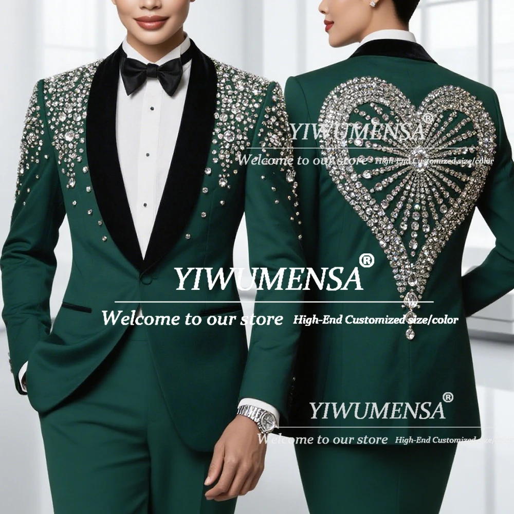 Sparkling Beading Stones suits Women 2 Pieces Sets Black Shawl Lapel Female Blazers Customized Mother Of The Bride Dress Luxury