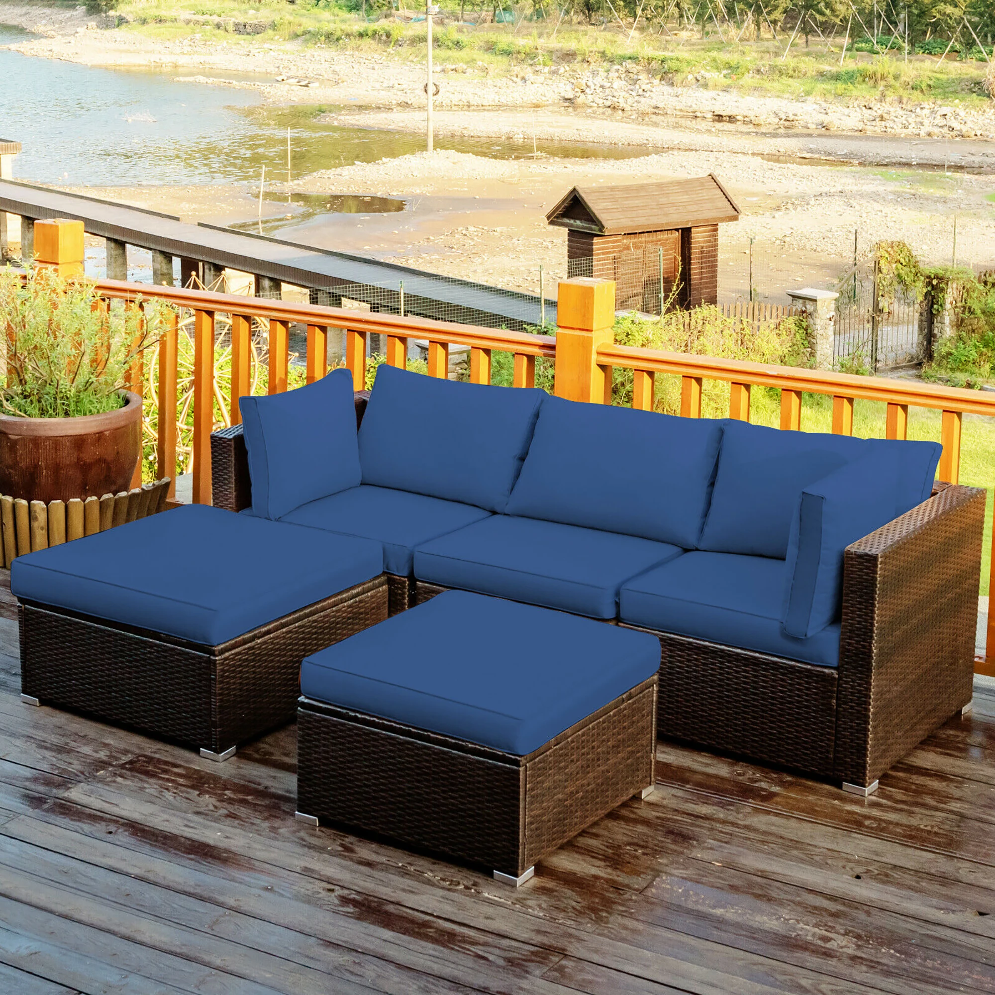 

5PCS Patio Rattan Furniture Set Sectional Conversation Set Ottoman Table Navy