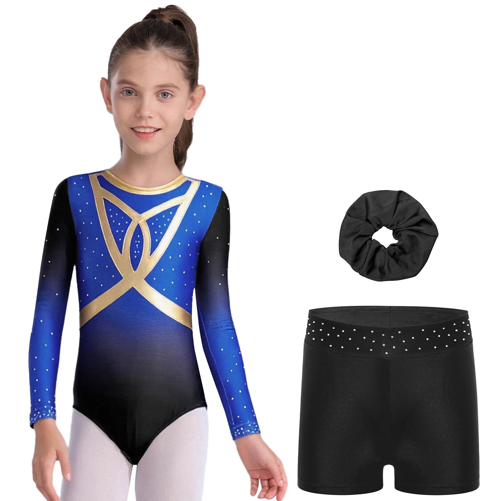 

Детский гимнастический купальник для девочек, фигурного катания, балета, сценического танца, блестящий купальник со стразами и шортами и ободом для волос