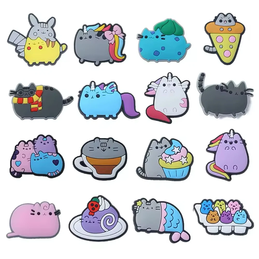 16 breloques pour chaussures en forme de chat de dessin animé pour Crocs, sabots, tongs à bulles, accessoires de chaussures, boucle de décoration de chaussures DIY, cadeaux de fête