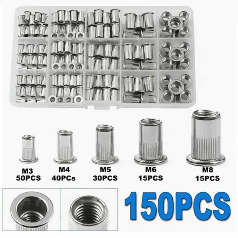 150/165Pcs Carbon Steel Rivet Nut Kit Assorted Sizes SAE & Metric Threaded Insert Nuts with Storage Box M3 M4 M5 M6 M8 M10 M12
