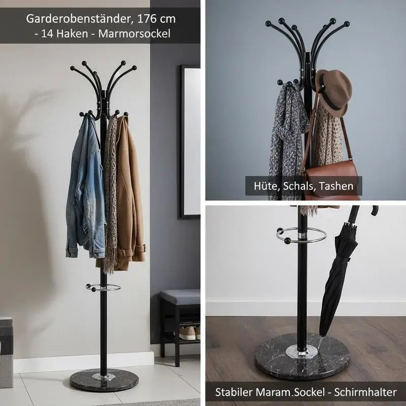 Kleiderständer, 176 cm, mit Schirmhalter, stabile Marmorbasis und 14 Haken, Garderobenständer für den Flur, Wohnzimmer, Kleiderständer für Mützen, Schals, Taschen