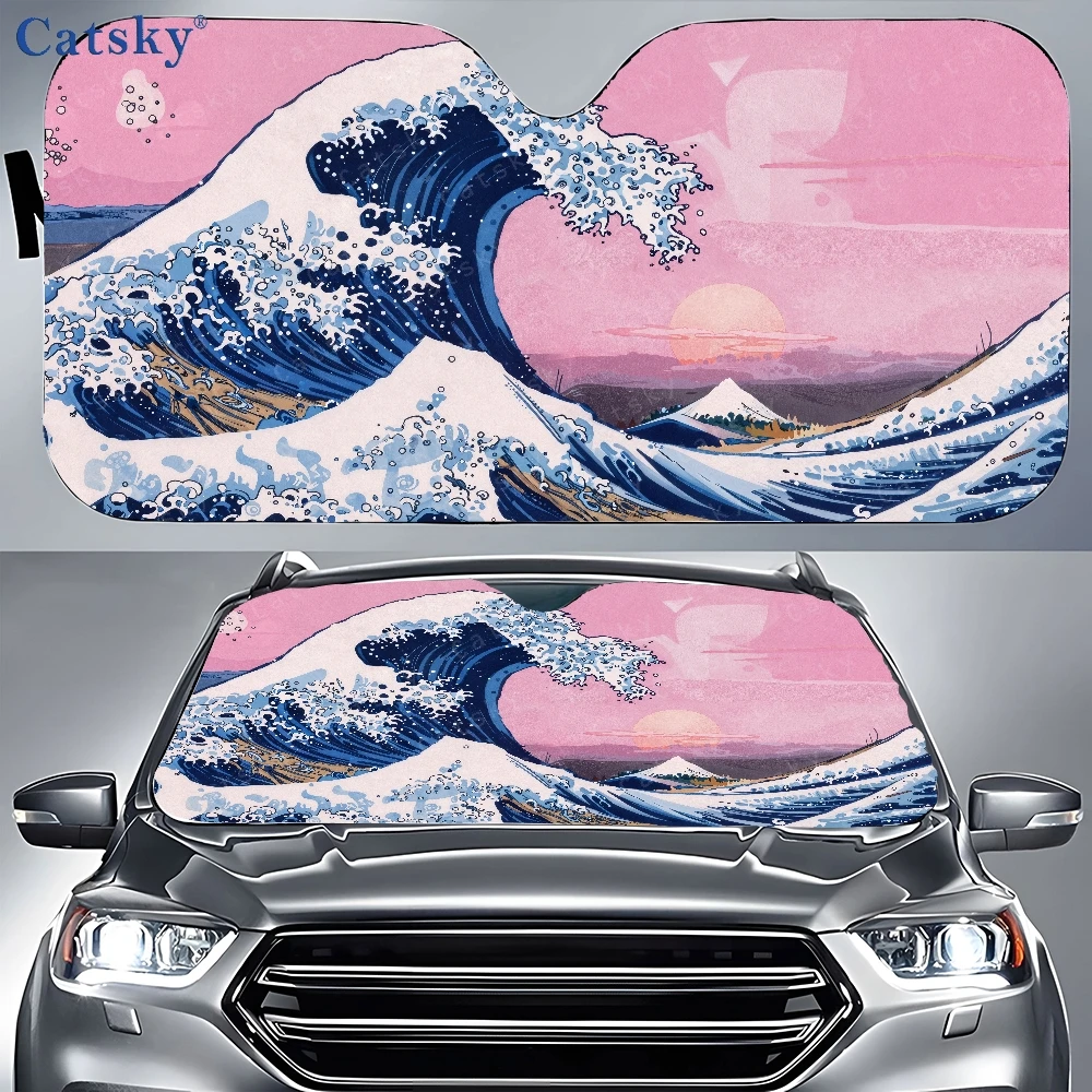 Painting Of A Large Wave In The Ocean At Sunset Car Auto Sunshades | Front Window Sun Cover For Car, Auto Sunshade For Car Decor
