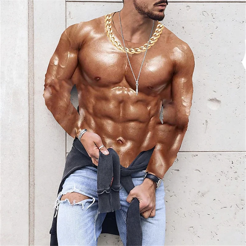 Funny 3D Printed Muscle Men's Sports Tshirt Fashion Tough Guy Round Neck Hip-hop Tops Casual Long Sleeve T-shirt Y2k Clothes Men