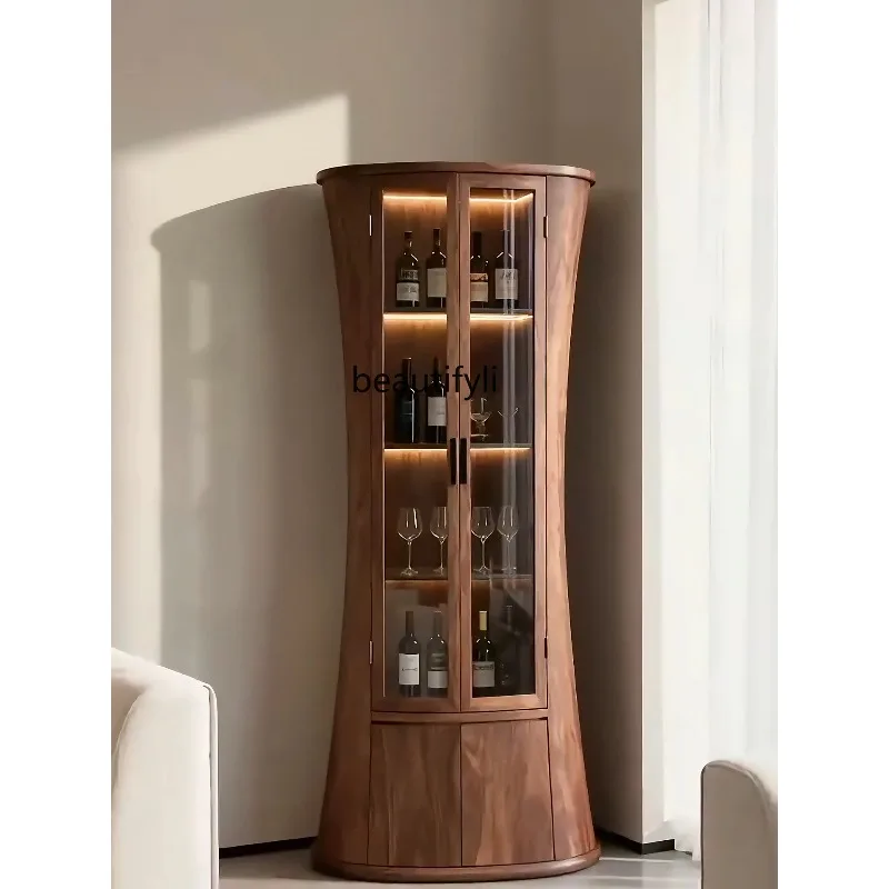 

D2520 Italian Minimalist North American Black Walnut Wine Cabinet Display Cabinet Living Room Solid Wood Glass Side Cabinet