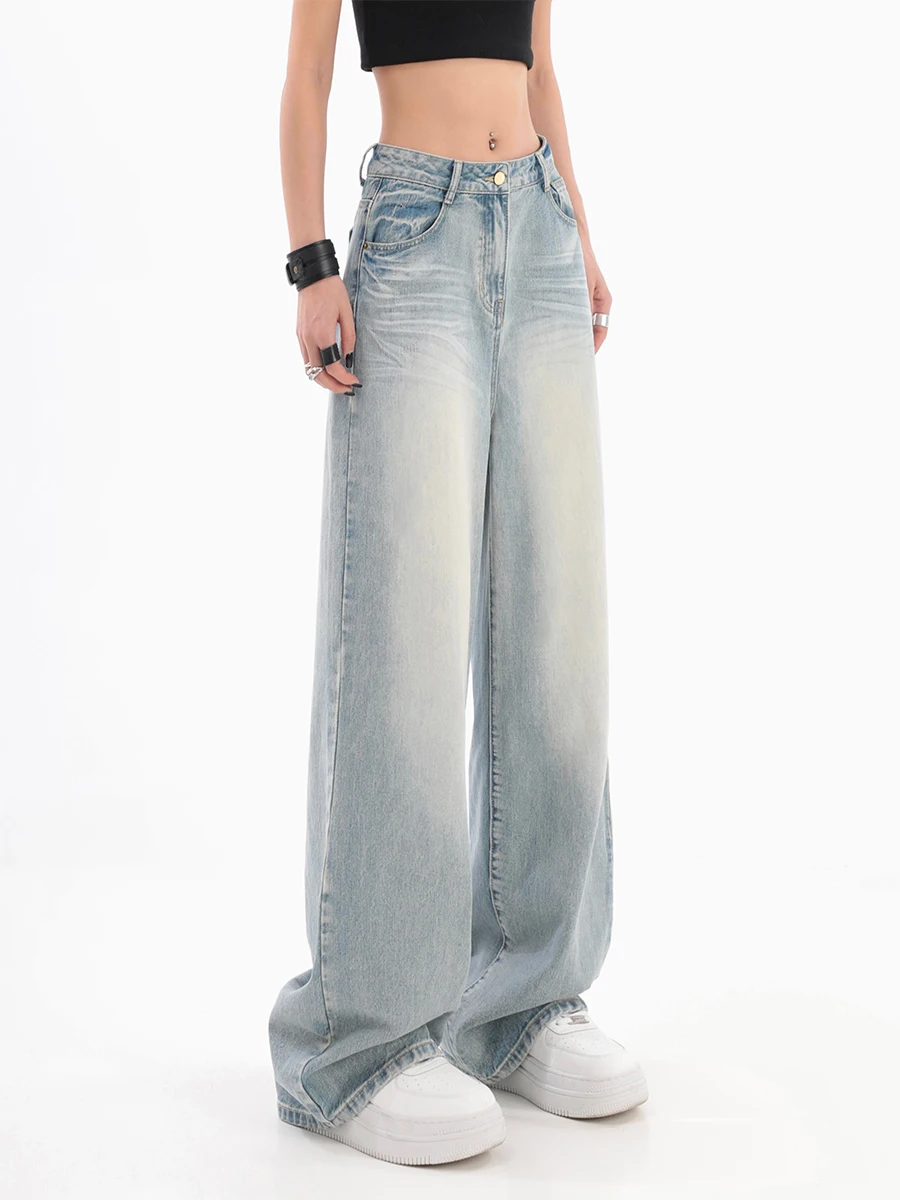 

High-waisted vintage baggy Jeans Blue Streetwear Washed Boyfriend Style Wide-leg Trousers Y2K Style Women's Denim Trousers