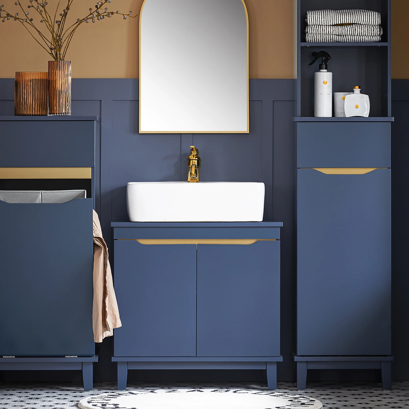 SoBuy BZR113-B Waschbeckenunterschrank - Badezimmerschrank mit Türen - Unterschrank für Waschbecken, schmales Badmöbel aus Holz für kleine Räume, Blau, 60 x 59 x 30 cm