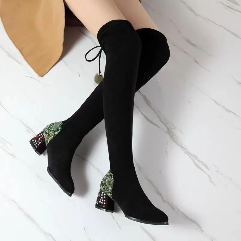 

Sock Boots Women Shoes Woman New Over Knee High Boots Winter Flock Crystal Square High Heels Boots Slip on Thigh High Boots