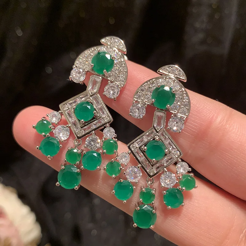 Women Green Drop Earrings S925 Silver Needle Zirconia Copper Long Tassel