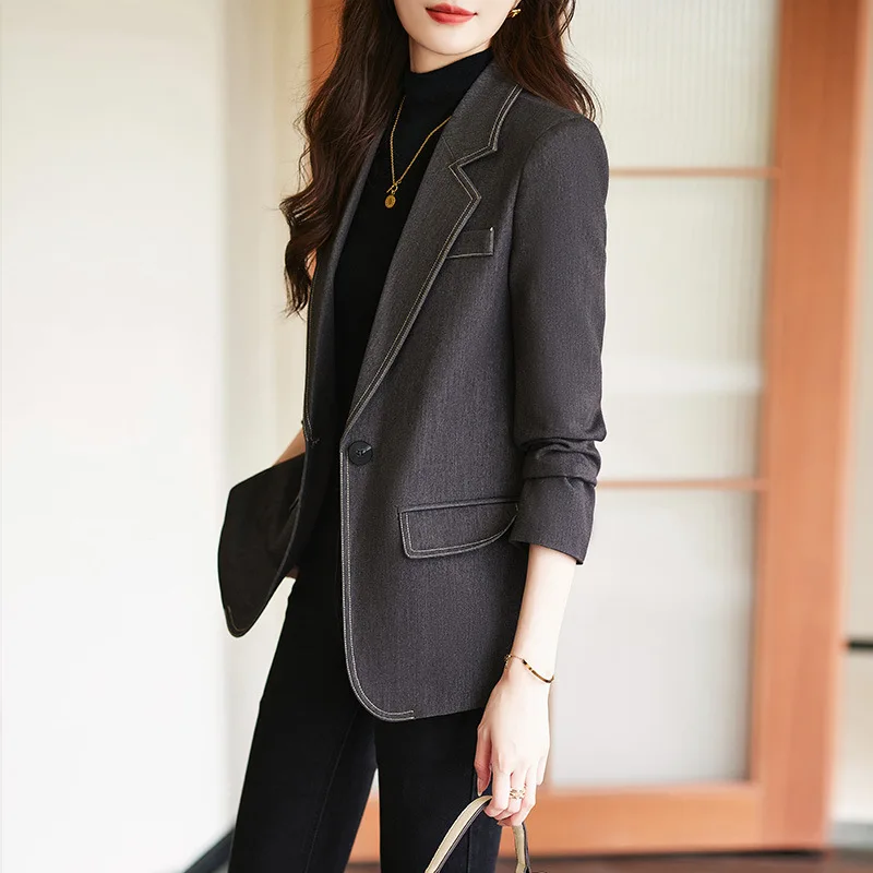  Tesco New Style Blazer Suit Long Sleeve Blue Jacket Single Button Casual Senior Coat Women Outerwear 2023 Autumn Winter