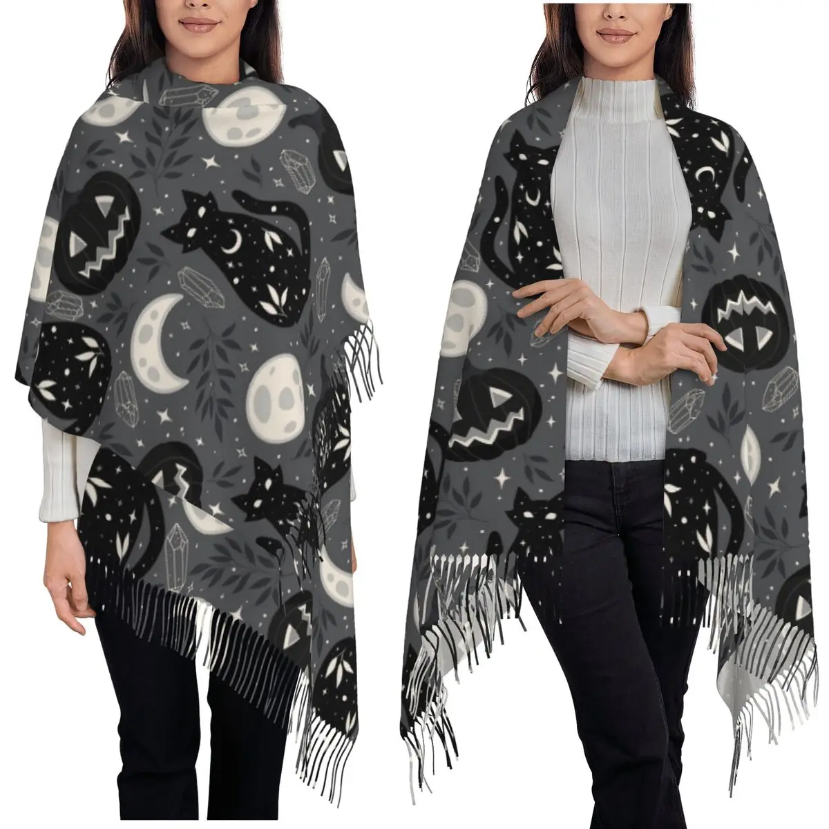 Black Cat Halloween Pumpkin Moon Pattern Scarf Tassel Scarves Women Soft Warm Shawls and Wraps Long Fall Winter Shawl Wrap