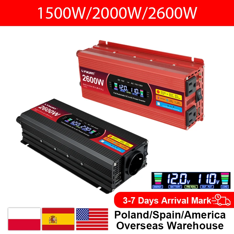 

2000W Car Inversor 12V to 110V EU/US socket DC to AC Power Inverter home/travel/camping portable power supply Converter