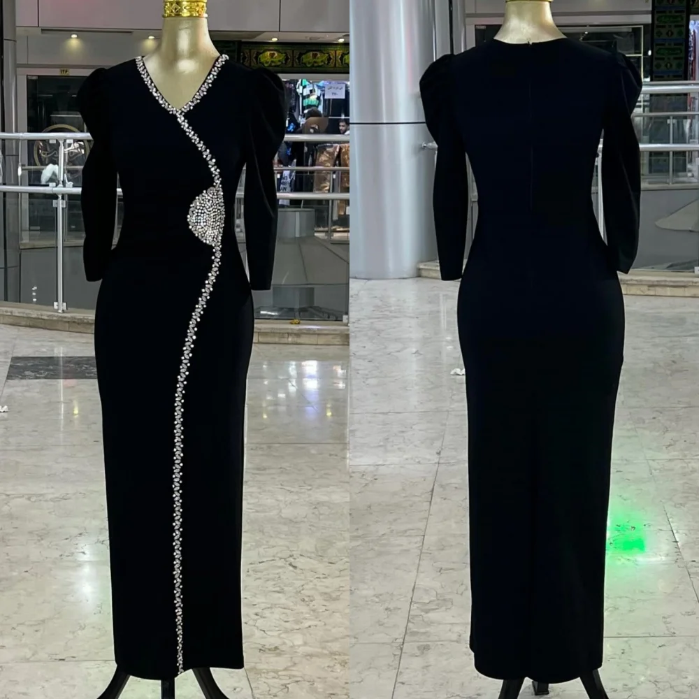 

Customized Classic Exquisite Jersey Sequined Pleat Straight V-neck Long Dresses Bespoke Occasion Casual