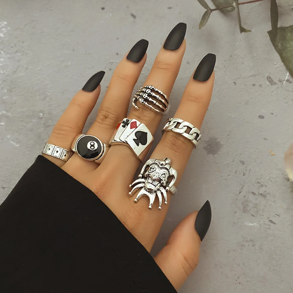 IFME Punk Gothic Joker Poker Wide Chain Ring Set for Women Vintage Silver Plated Retro Teenager Charm Finger Trend Jewelry