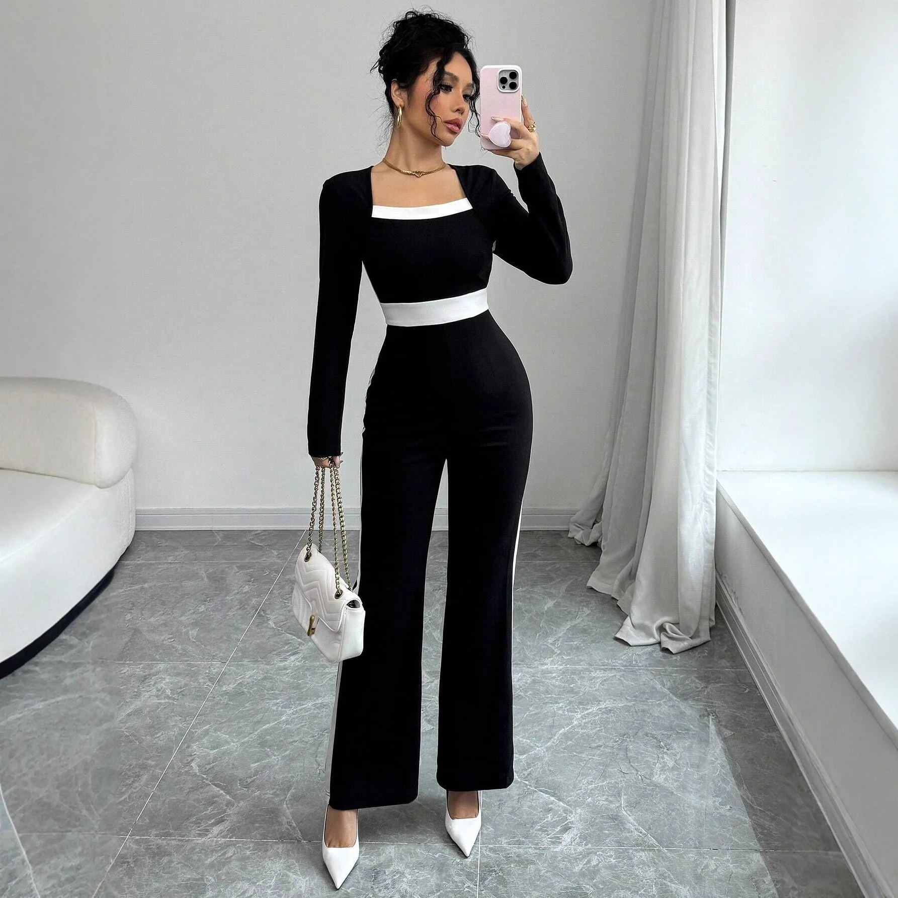 Jumpsuits Women One Piece Full Sleeve Square Neck Long Pants Splice Tight Waist Elegant Y2k Streetwear Jumpsuit Work 2026 Autumn