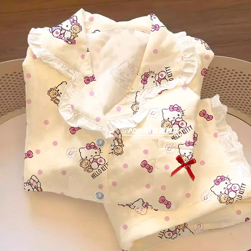 

Sanrio Girl, пижамный костюм Hellokitty с кружевным бантом, кавайные брюки с длинными рукавами с героями мультфильмов, весенне-осенняя милая домашняя одежда для девочек в горошек