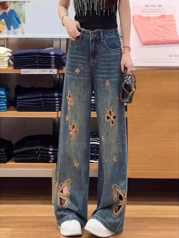 重い刺繍入り、透かし彫りデニムパンツ、レディースサマー新作、ハイウエスト、ゆったり、スリム、ロング丈パンツ、ブルー、ワイドレッグ