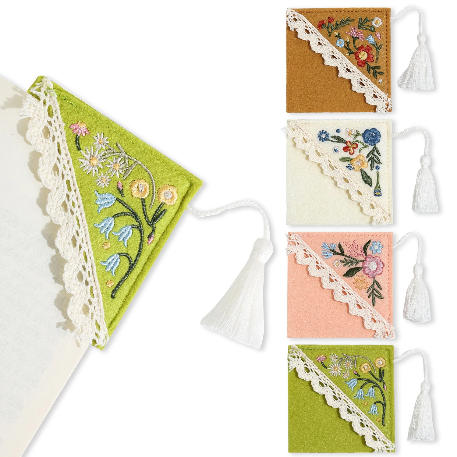 4PCS Aesthetic Floral Embroidered Felt Corner Bookmark, Lace Edge Tassel Page Marker, Soft Felt Book Page Clip for Women Girls