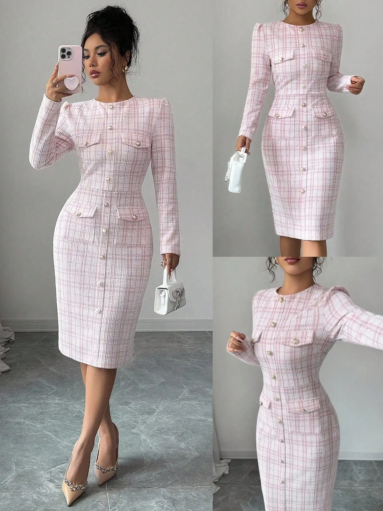 

Pink Plaid Button-Down Fitted Knit Dress with Pockets and Puffed Sleeves