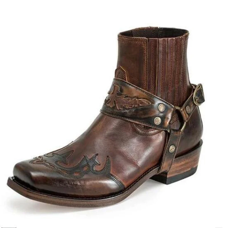 Men Casual buckle boots low heel Roman style vintage embroidery short ankle boots  bottine erkek bot H681