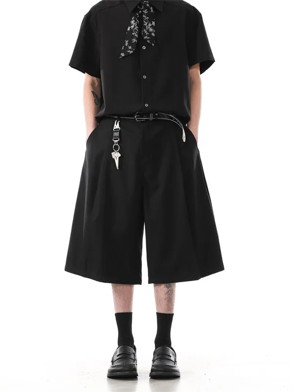 

TANGZ Studio Men's Casual Wide Leg Short Pants Suit Drapey Loose Fit Five-Quarter Length Folded Polyester Fiber Summer Wear