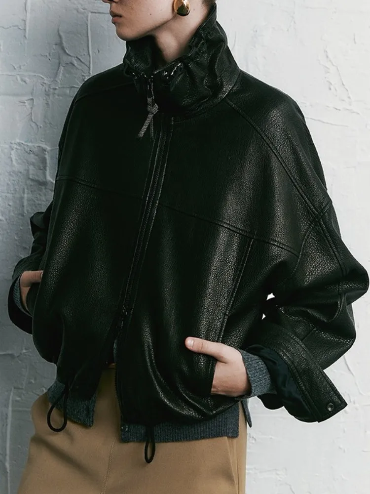 Freizeit-Stil, einfarbig, echtes Leder, Damen, handgefertigt, Umlegekragen, Reißverschluss, lange Ärmel, Schaffell-Oberbekleidung
