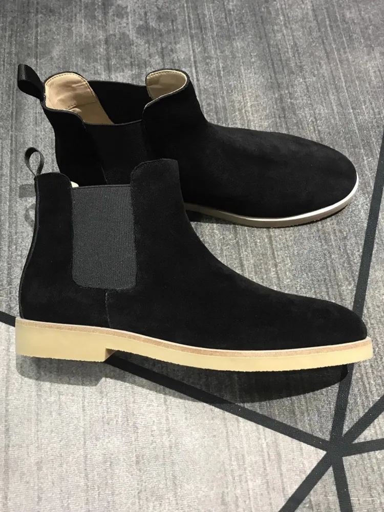 British Style Vintage Mens Business Work Cow Suede Leather Chelsea Boots Slip On High Top Ankle Low Heels Boots Loafers Shoes