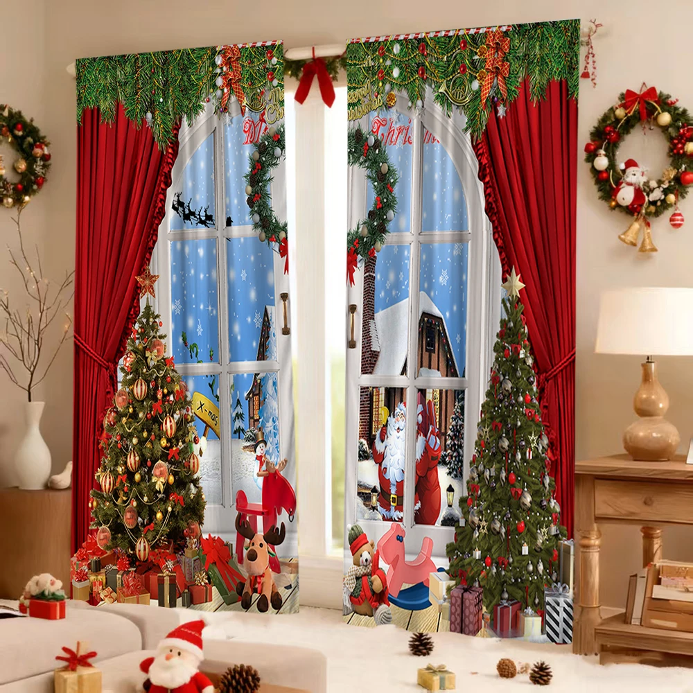 

2 pieces Christmas Decr patterned hanging curtains,festival decor transparent curtains for bedroom decoration, bedroom, office