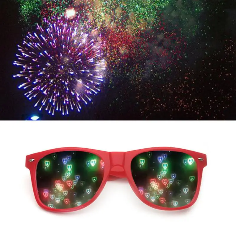 Lunettes de feu d'artifice créatives, montre les lumières changent en forme de cœur la nuit, lunettes de soleil amusantes, fournitures de fête, vente en gros