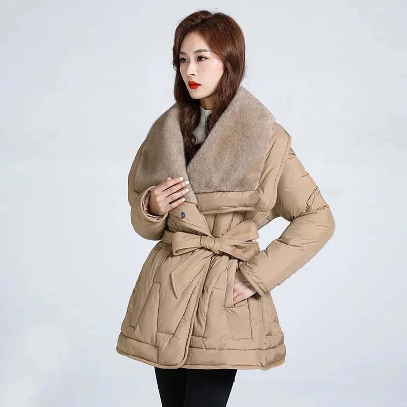 

High end Faux mink fur collar Cotton Jacket For women Winter 2025 New Fashion Slim With a belt Warm Parker Coat Design sense