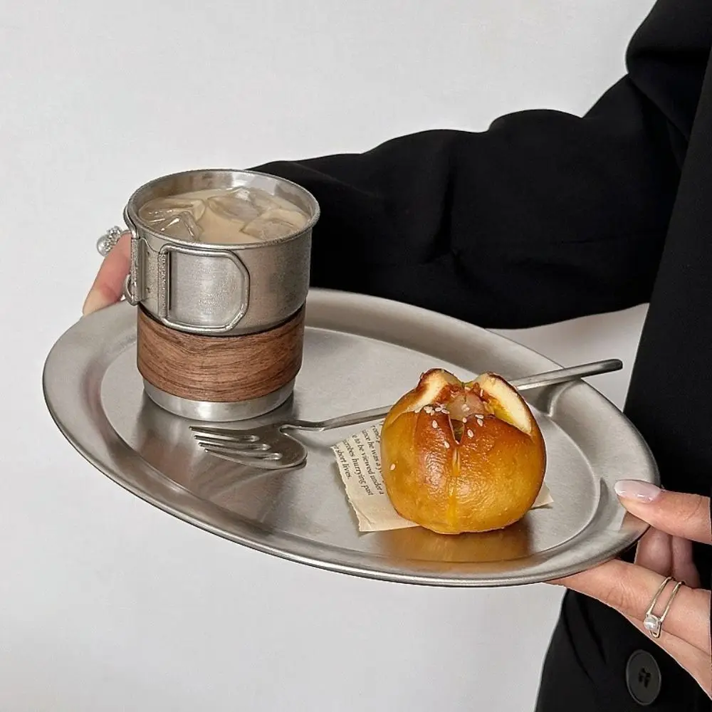 Retro Stainless Steel Cake Tray Oval Multi-Size Dessert Plate Minimalist Photo Props Dinner Plate Home Decoration