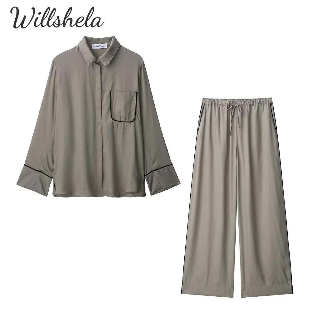 

Willshela Women Fashion 2 Pieces Sets Silky Satin Sleep Shirt and Straight Pants Female Chic Lady Casual Mujer Trousers Suits